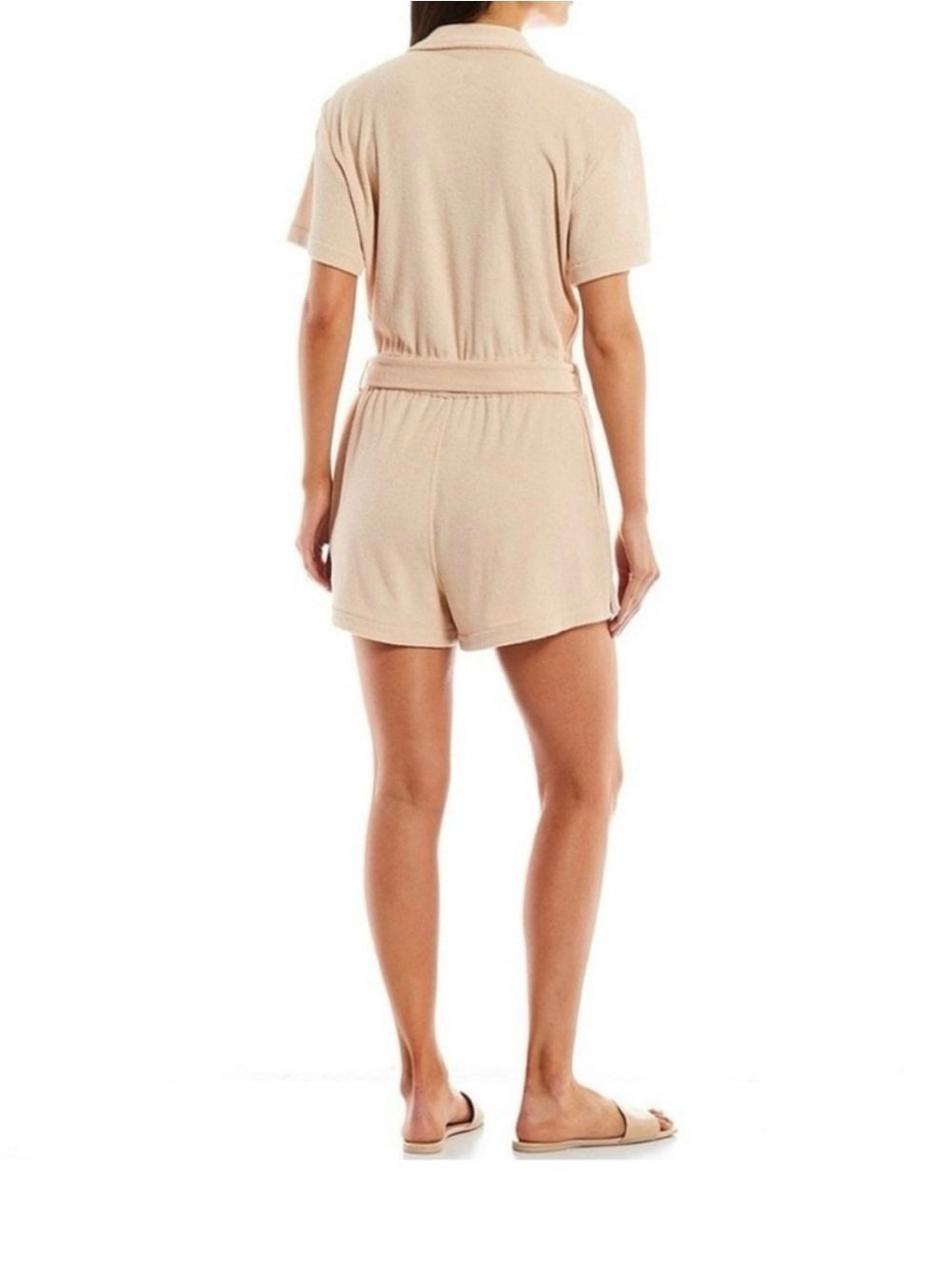 Gianni Bini Light Beige Terry Short Sleeve Elisa Romper with belt and Hat - Picture 2 of 8